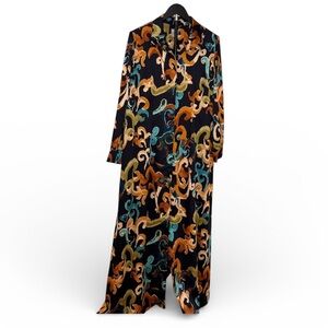 Chico’s Workwear Maxi Abstract Print Black Gold Shirtdress Long Sleeve Size 2